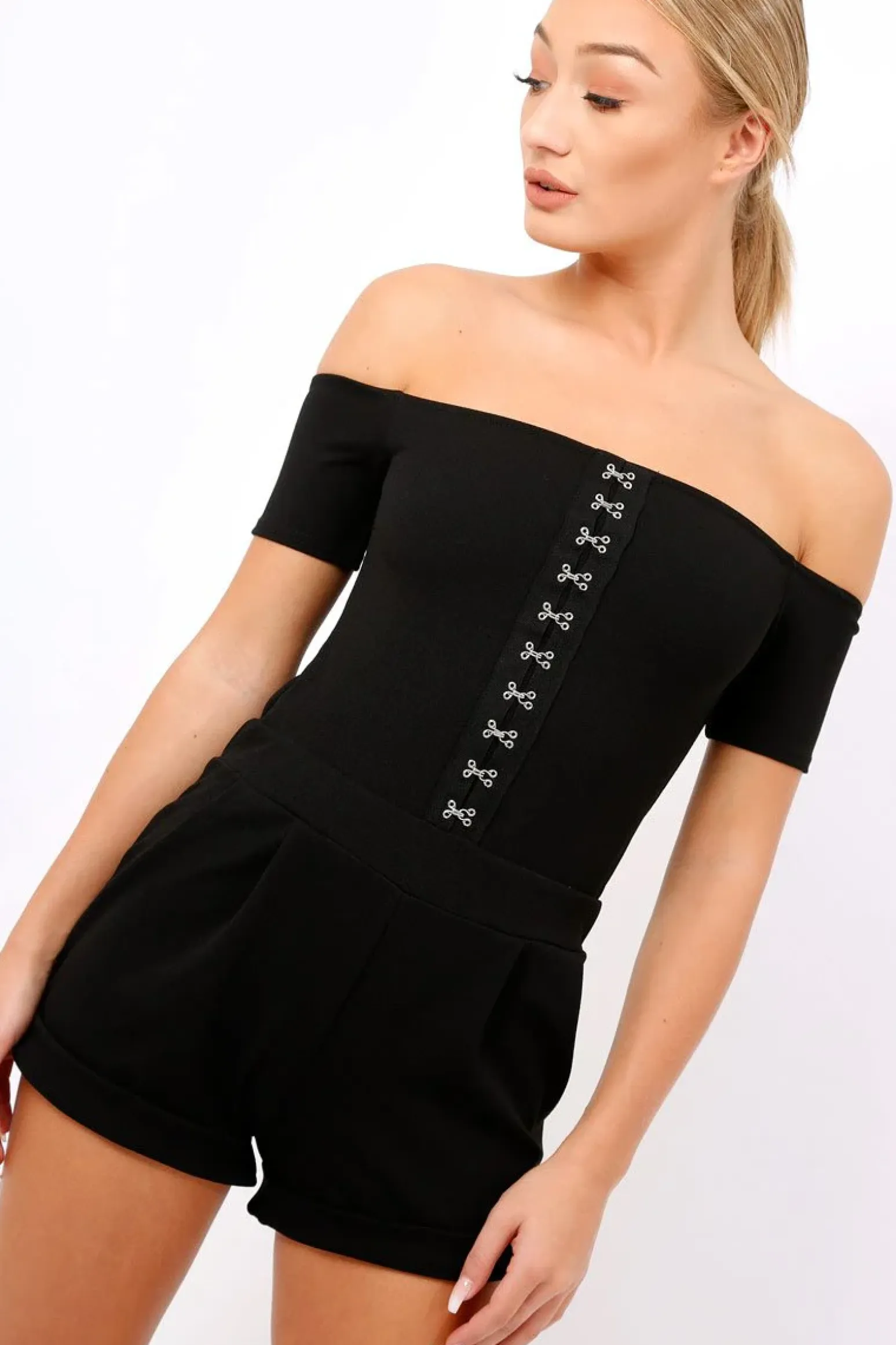 Rebellious Fashion Black Hook And Eye Off Shoulder Playsuit - Caitlyn