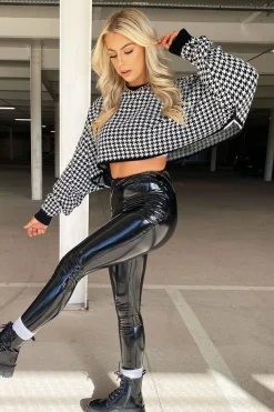 Rebellious Fashion Black Hounds-Tooth Cropped Batwing Jumper - Lizy