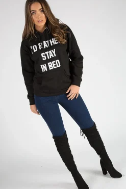 Rebellious Fashion Black I'd Rather Stay In Bed Slogan Hoodie - Tammy