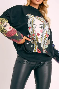 Rebellious Fashion Black Illustration Graphic Print Sweatshirt - Cammie