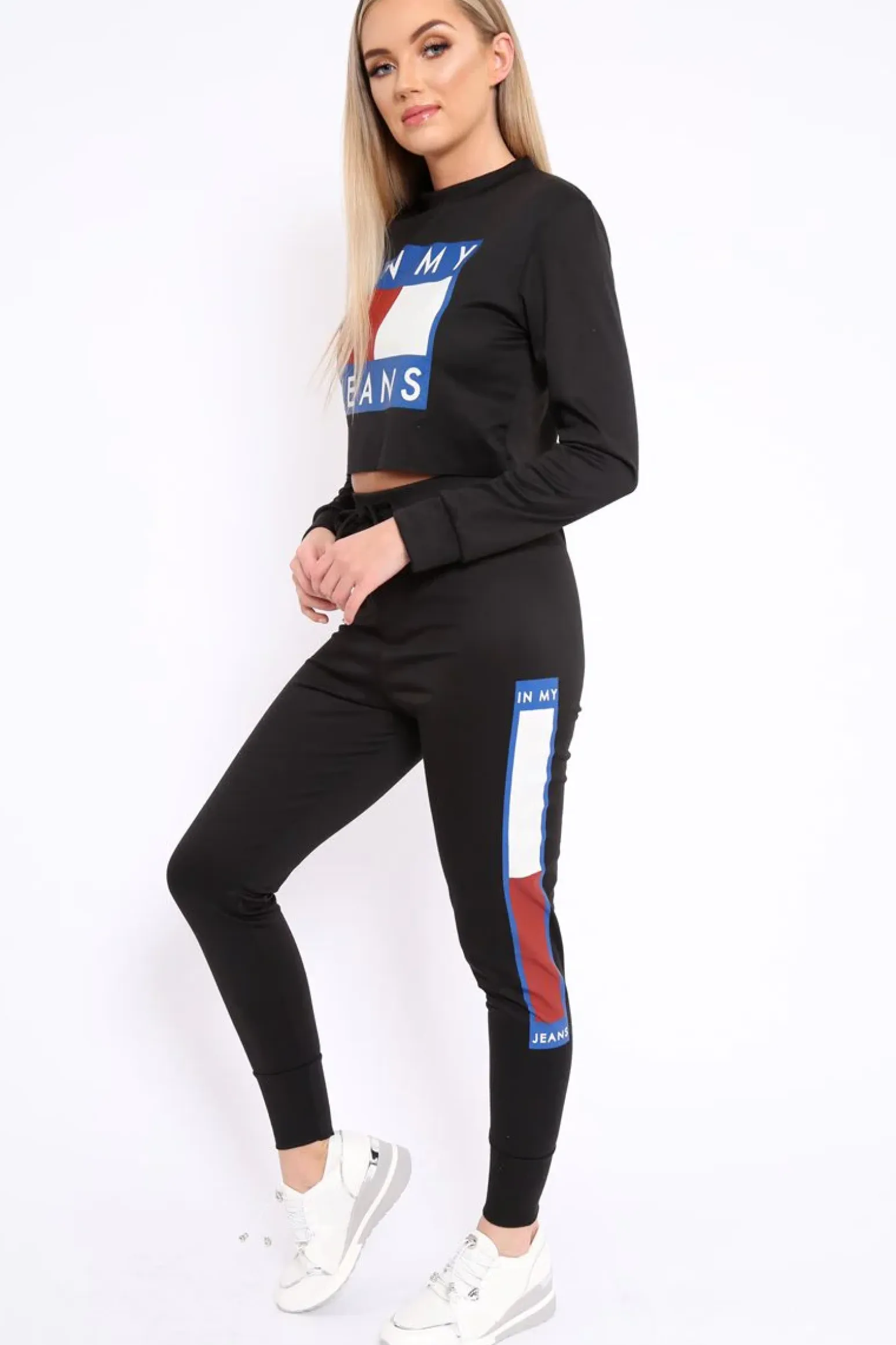 Rebellious Fashion Black In My Jeans Cropped Top Loungewear Set - Yarely
