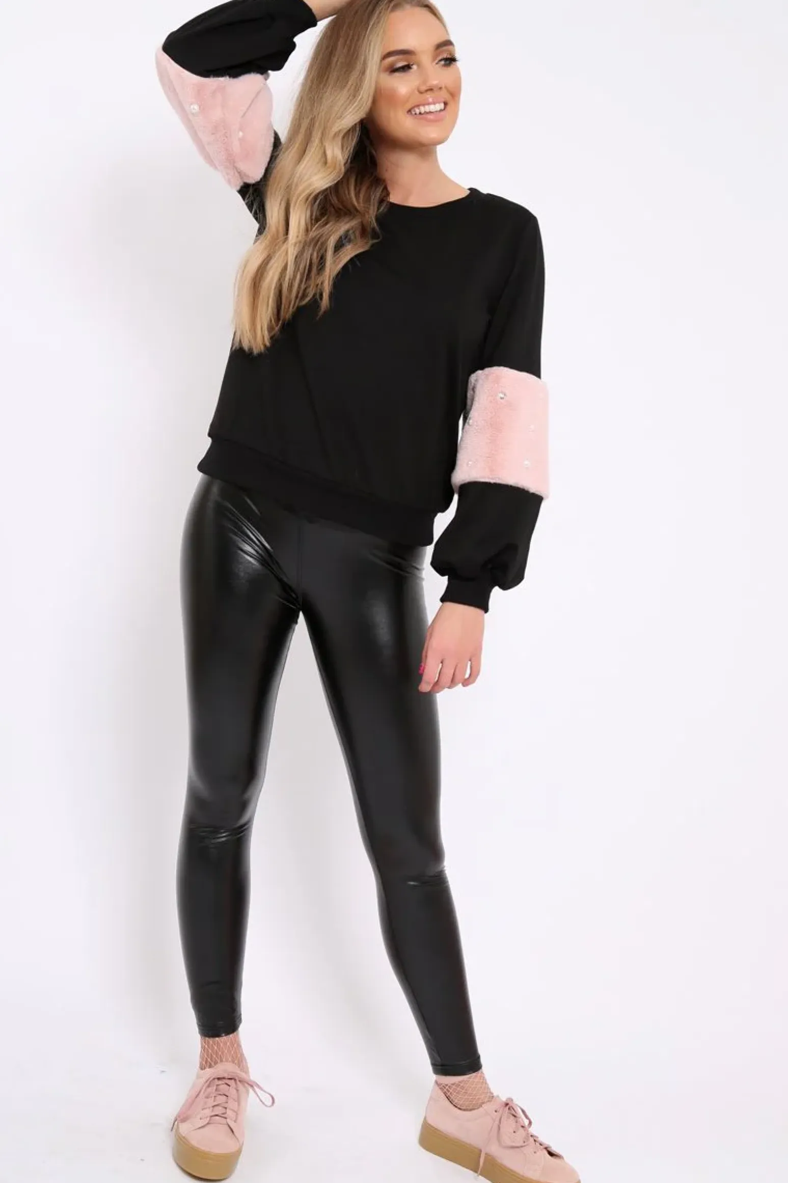 Rebellious Fashion Black Jumper with Fur and Pearl Sleeves - Izabella