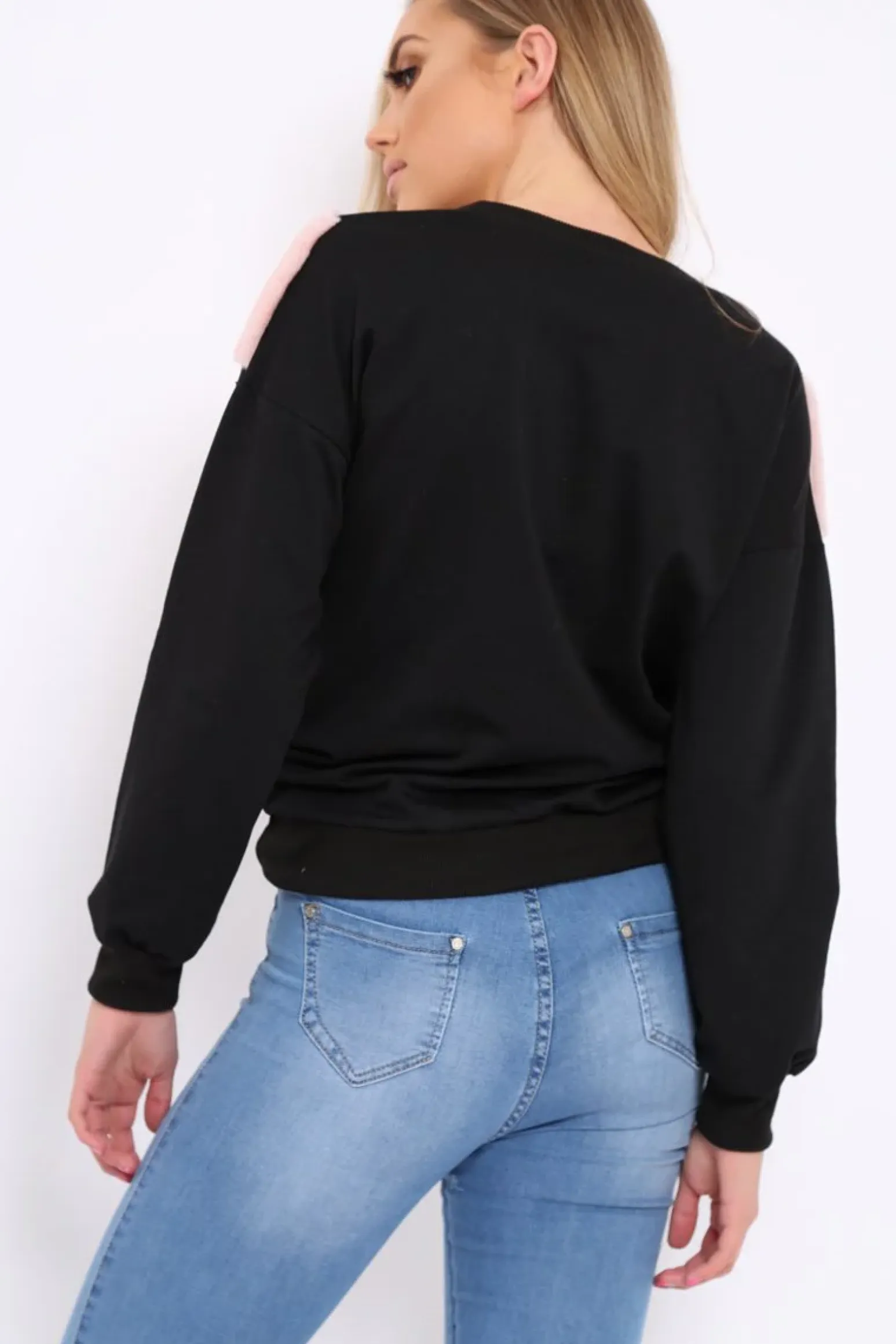 Rebellious Fashion Black Jumper with Fur and Pearl Front - Annita