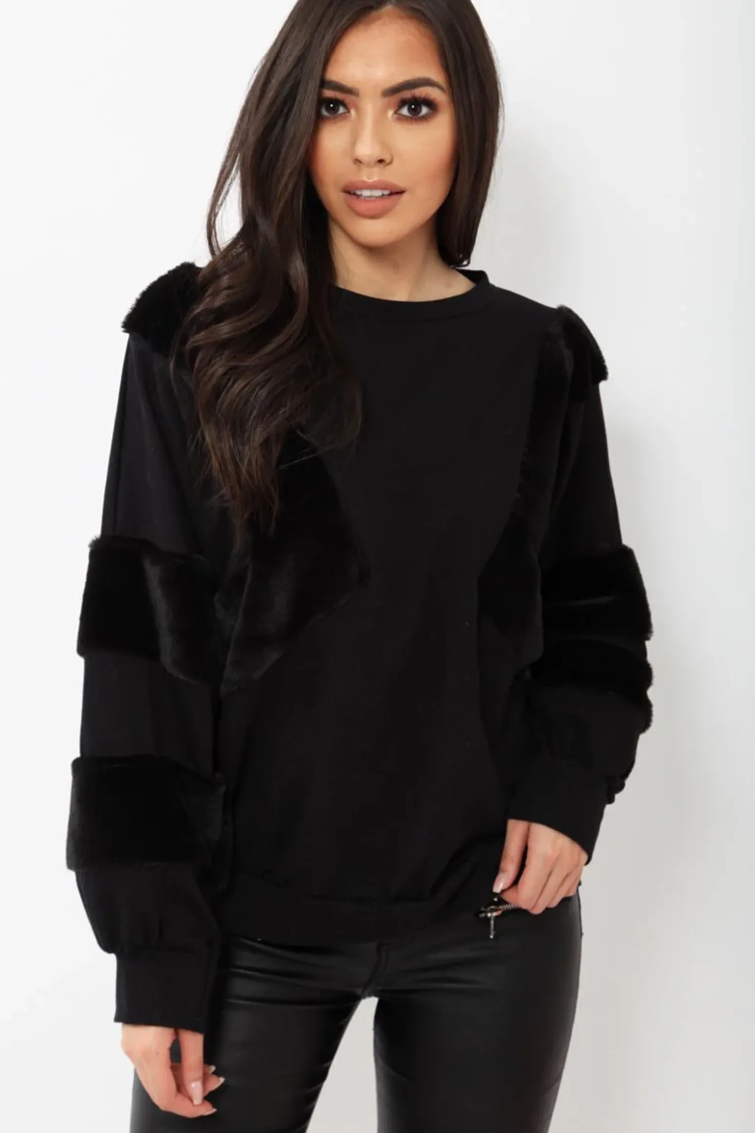 Rebellious Fashion Black Jumper with Fur on Front and Sleeves - Mercedes