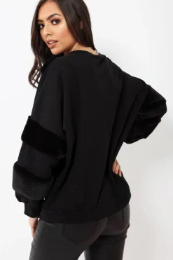 Rebellious Fashion Black Jumper with Fur on Front and Sleeves - Mercedes