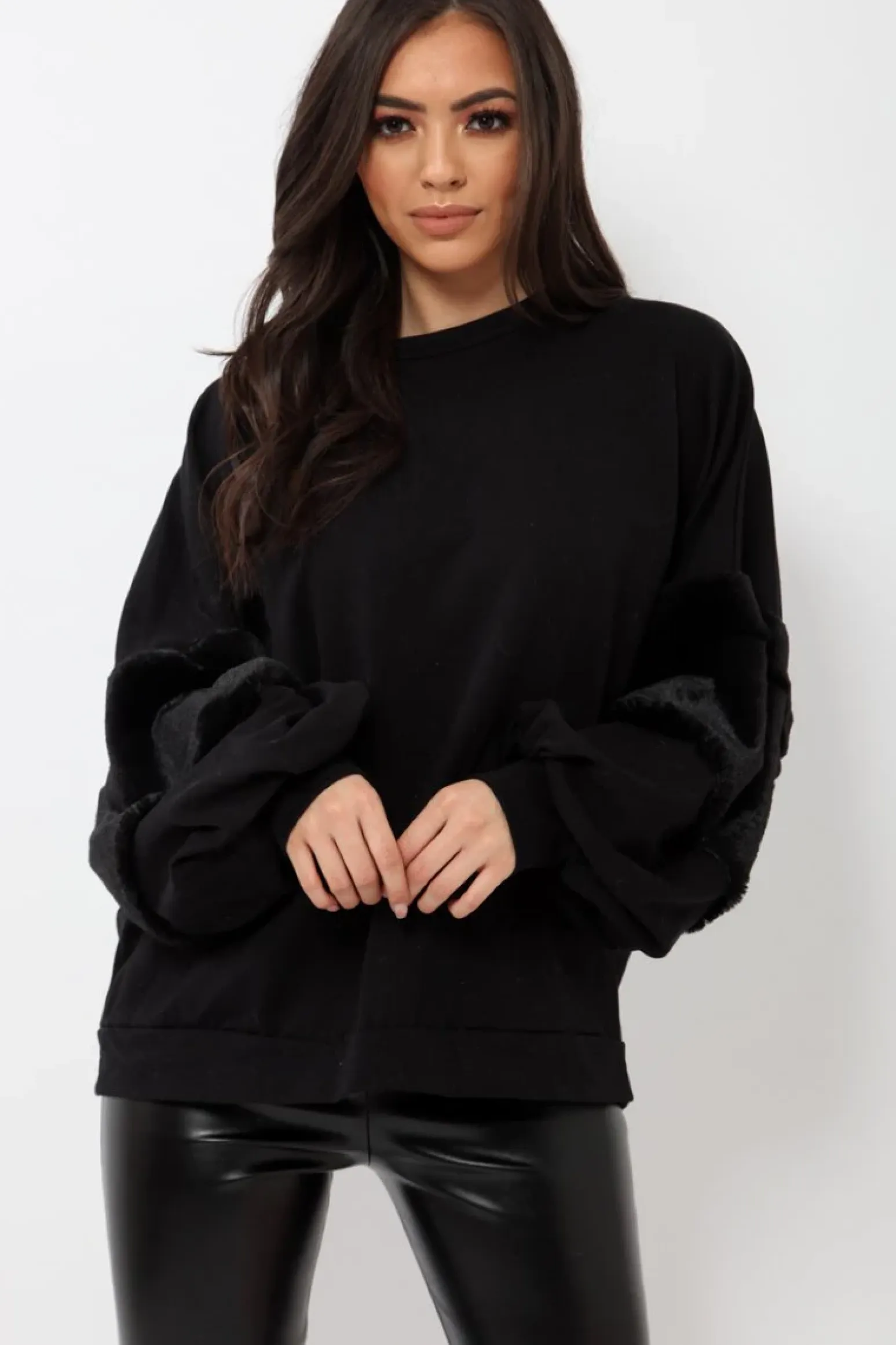 Rebellious Fashion Black Jumper with Fur Sleeves - Stephanie