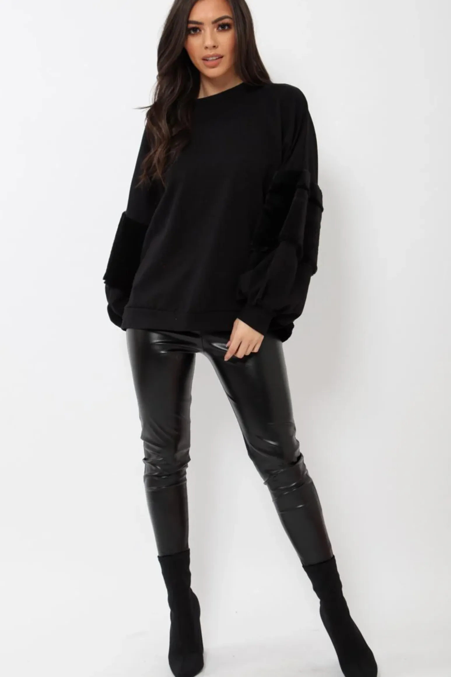 Rebellious Fashion Black Jumper with Fur Sleeves - Stephanie