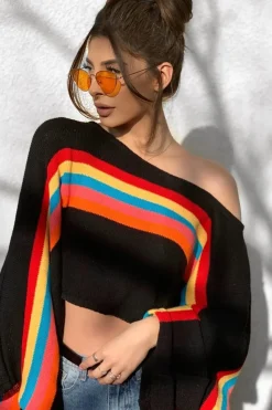 Rebellious Fashion Black Jumper with Stripe Rainbow Middle Jumper - Dasie