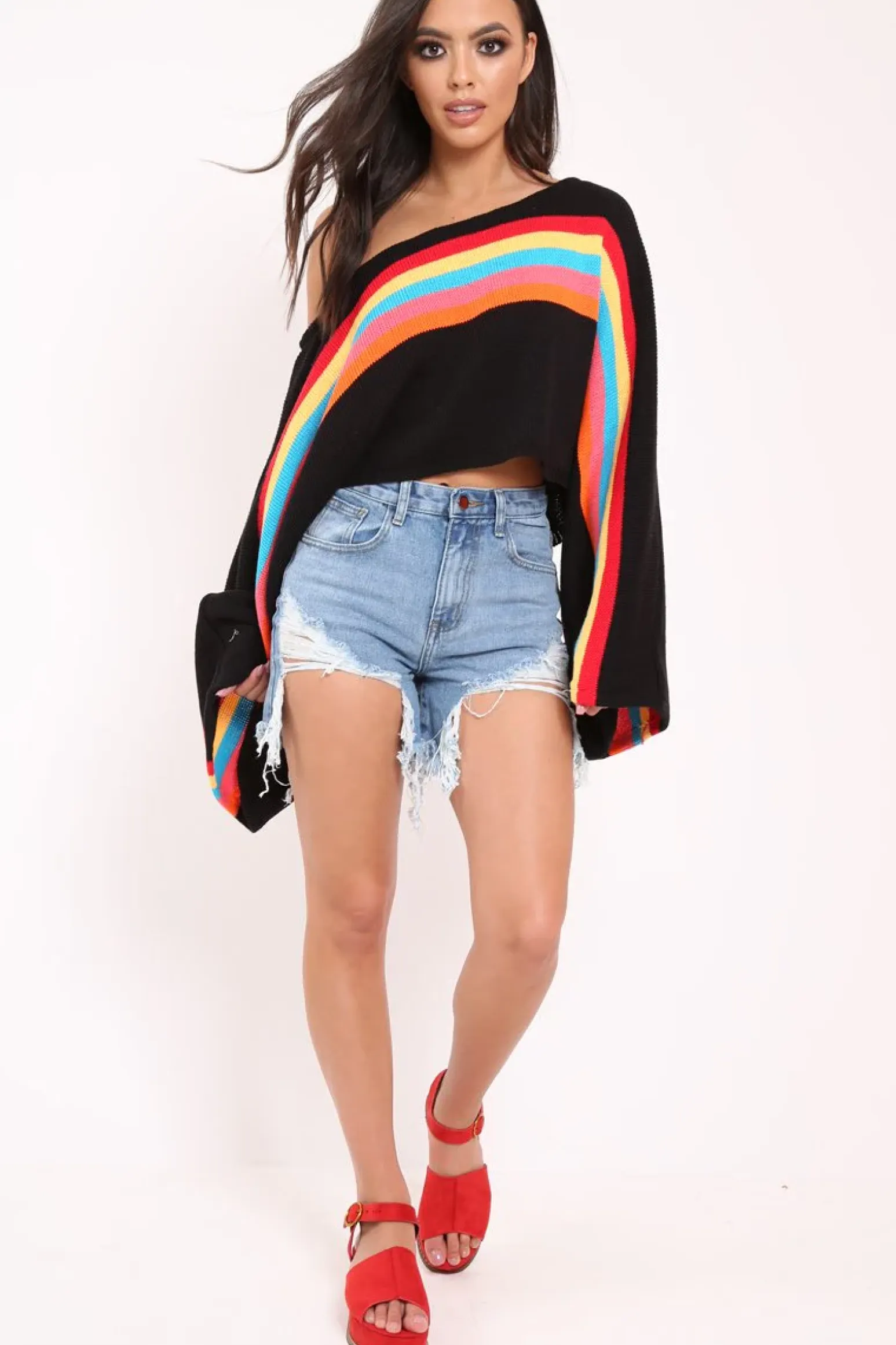 Rebellious Fashion Black Jumper with Stripe Rainbow Middle Jumper - Dasie
