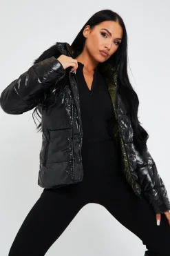 Rebellious Fashion Black Khaki Wet Look Reversible Fur Hood Puffer Jacket - Zadie