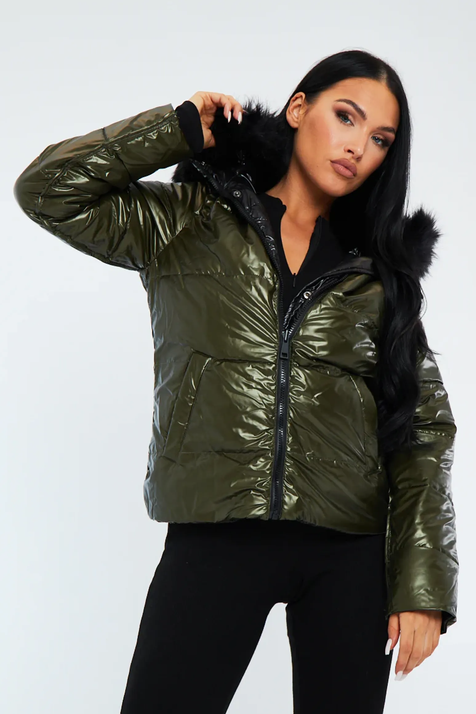 Rebellious Fashion Black Khaki Wet Look Reversible Fur Hood Puffer Jacket - Zadie