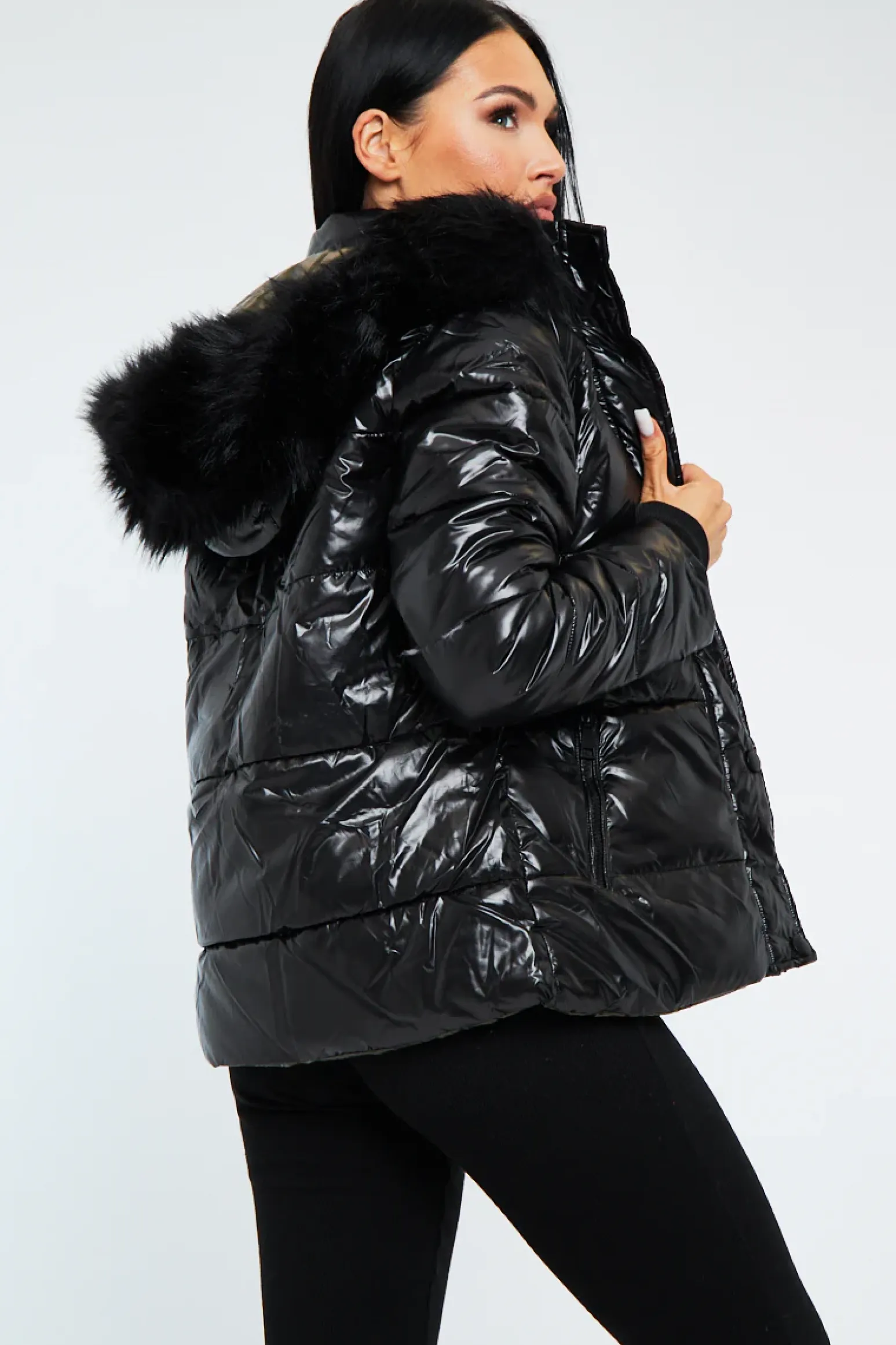Rebellious Fashion Black Khaki Wet Look Reversible Fur Hood Puffer Jacket - Zadie