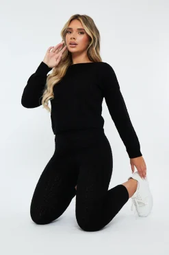 Rebellious Fashion Black Knit Cropped Jumper & Jogger Set - Kezzie
