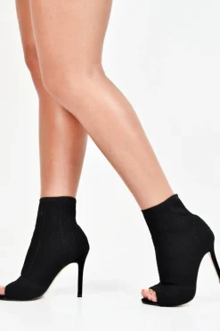 Rebellious Fashion Black Knit Detail Peep Toe Sock Boots - Halona