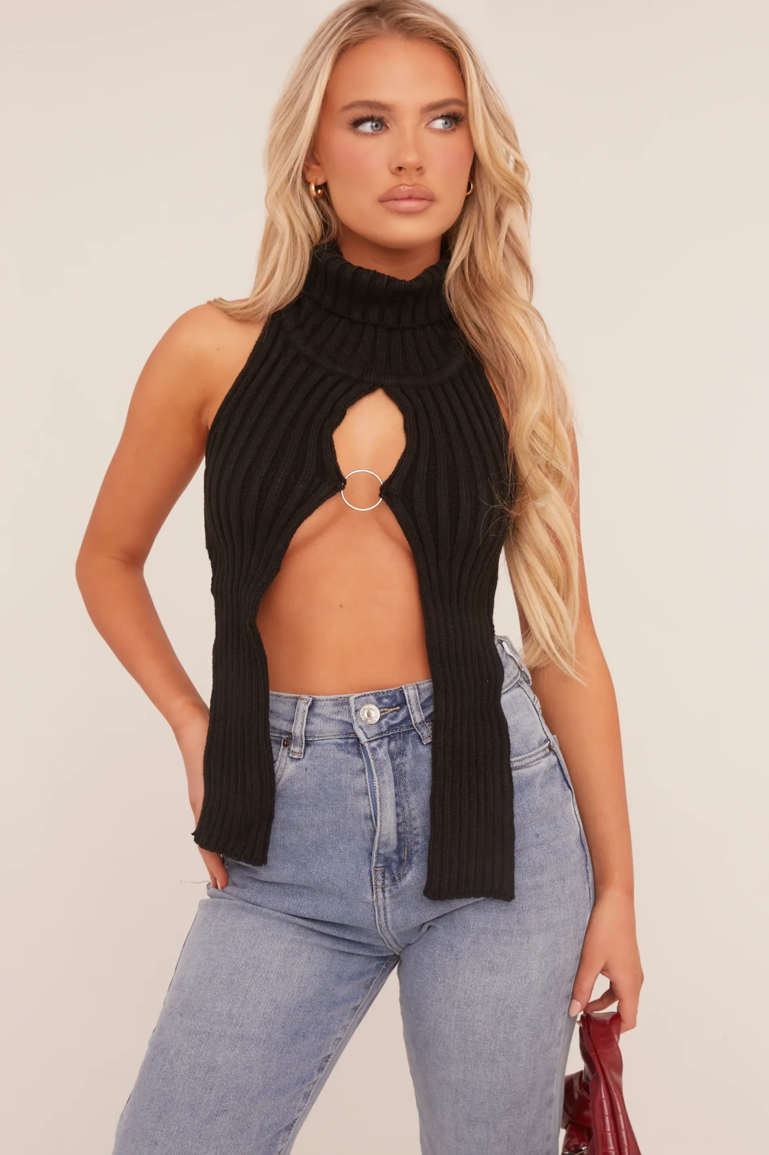 Rebellious Fashion Black Knit High Neck Backless Top - Opal