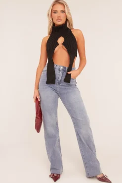 Rebellious Fashion Black Knit High Neck Backless Top - Opal