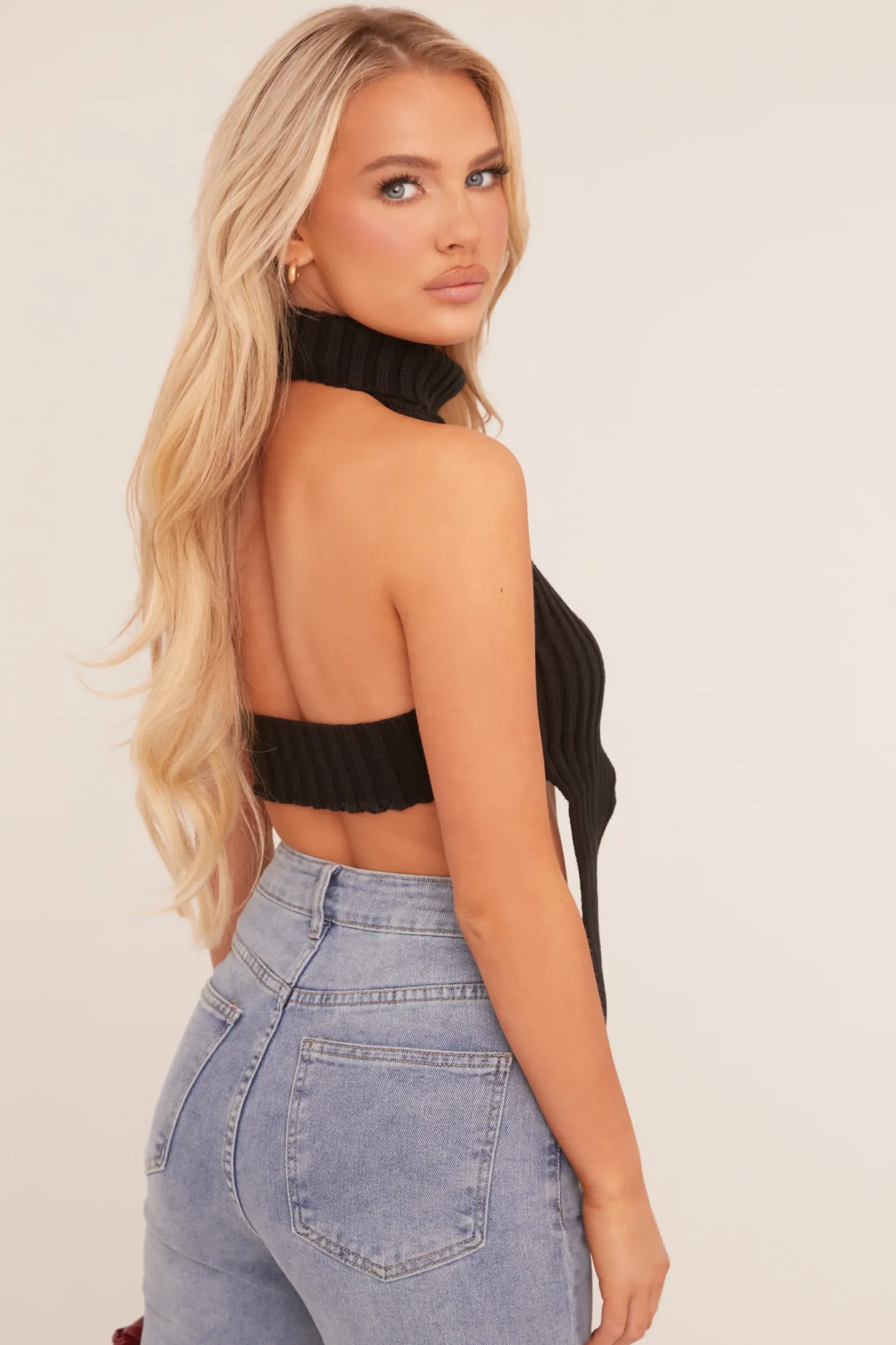 Rebellious Fashion Black Knit High Neck Backless Top - Opal