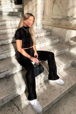 Rebellious Fashion Black Knit High Neck Crop Top and Trouser Co-ord - Helena