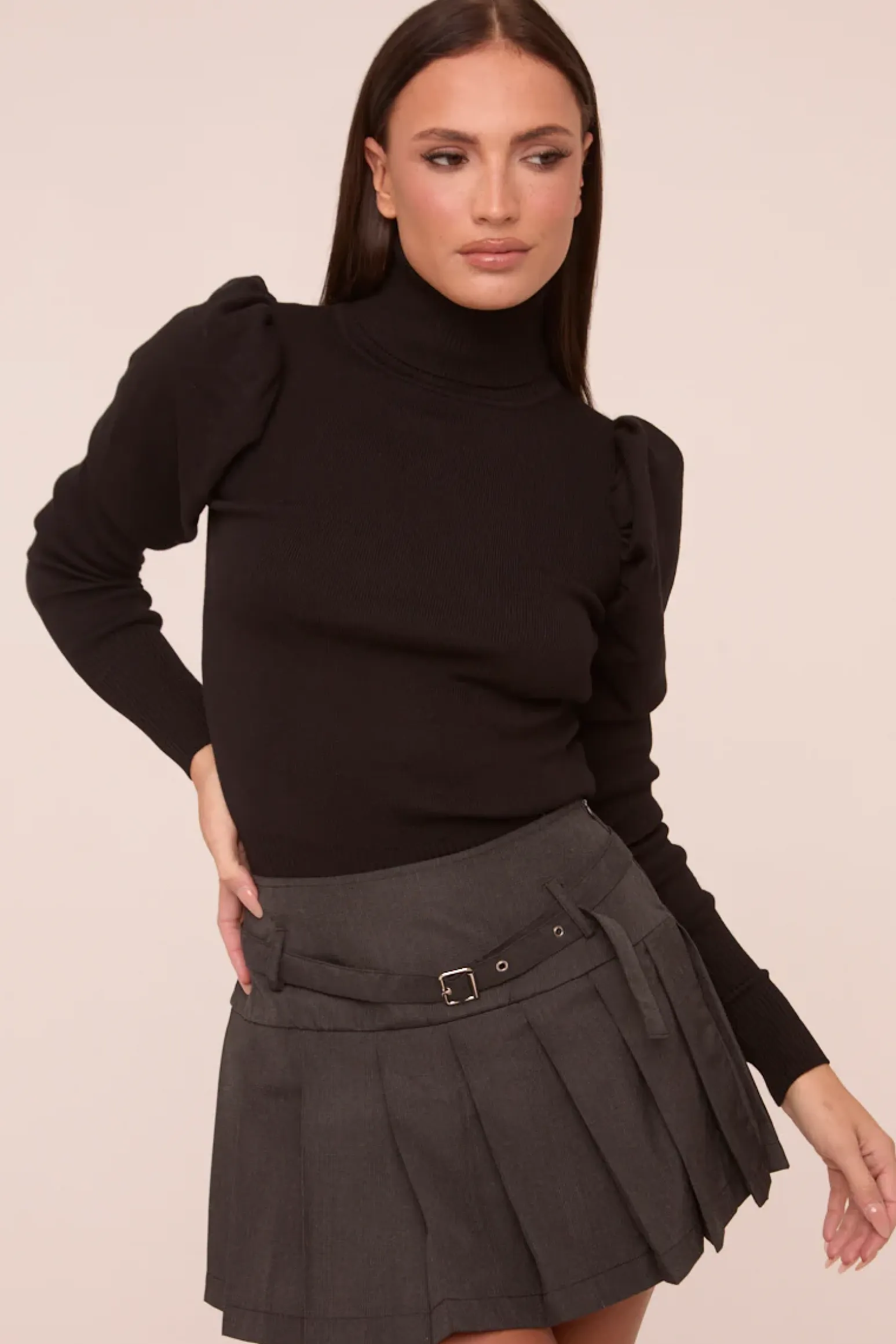 Rebellious Fashion Black Knit High Neck Puff Sleeve Jumper - Amanza