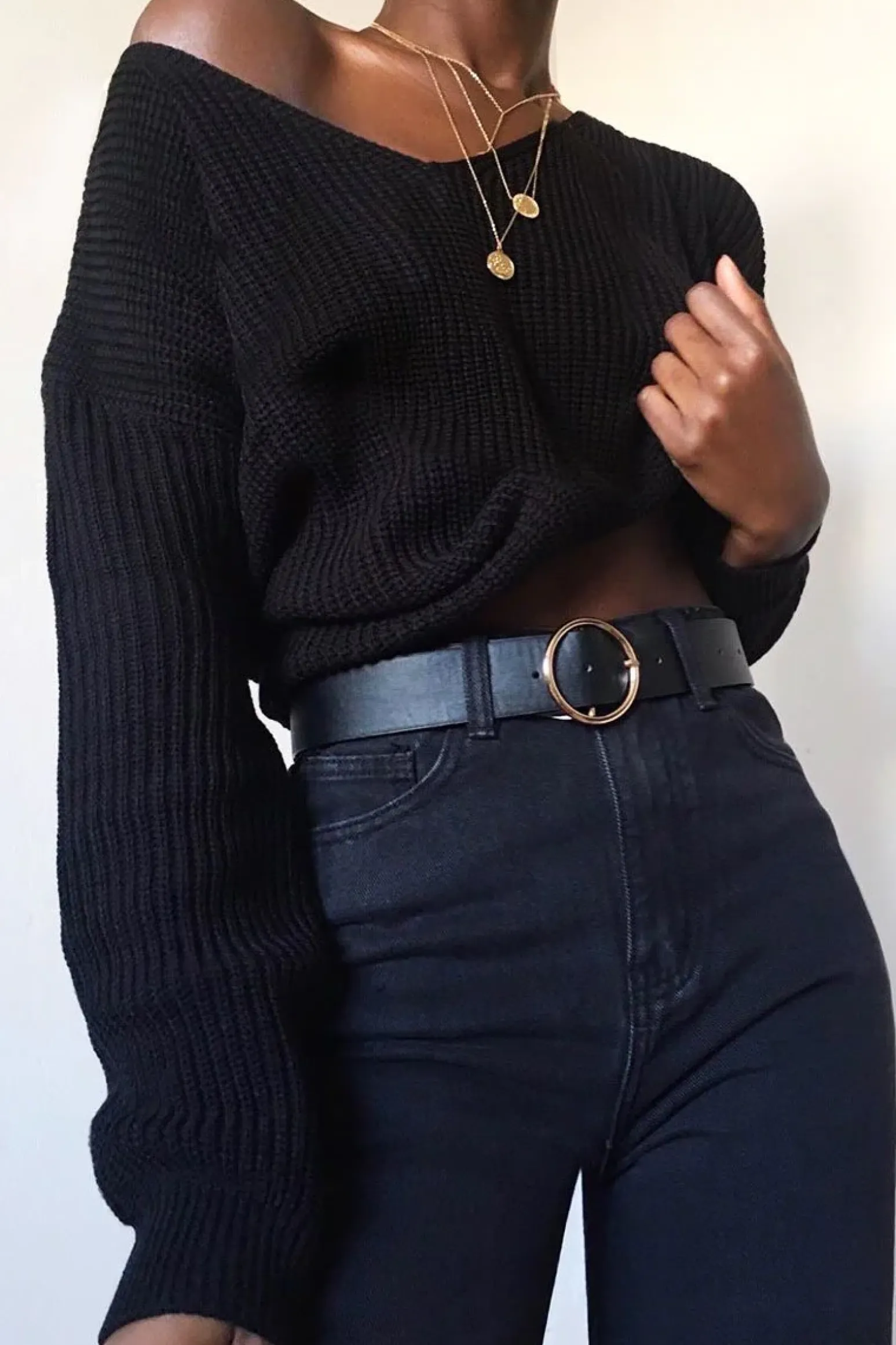 Rebellious Fashion Black Knit Plunge Neckline Jumper - Roselie