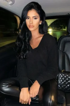 Rebellious Fashion Black Knit Plunge Neckline Jumper - Roselie