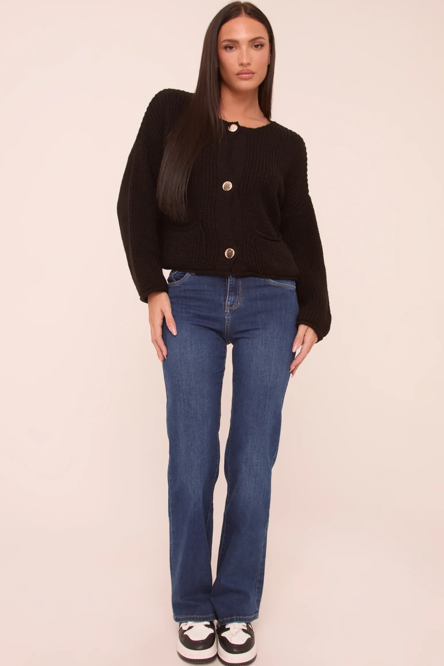 Rebellious Fashion Black Knit Round Neck Long Sleeves Cardigan - Edna