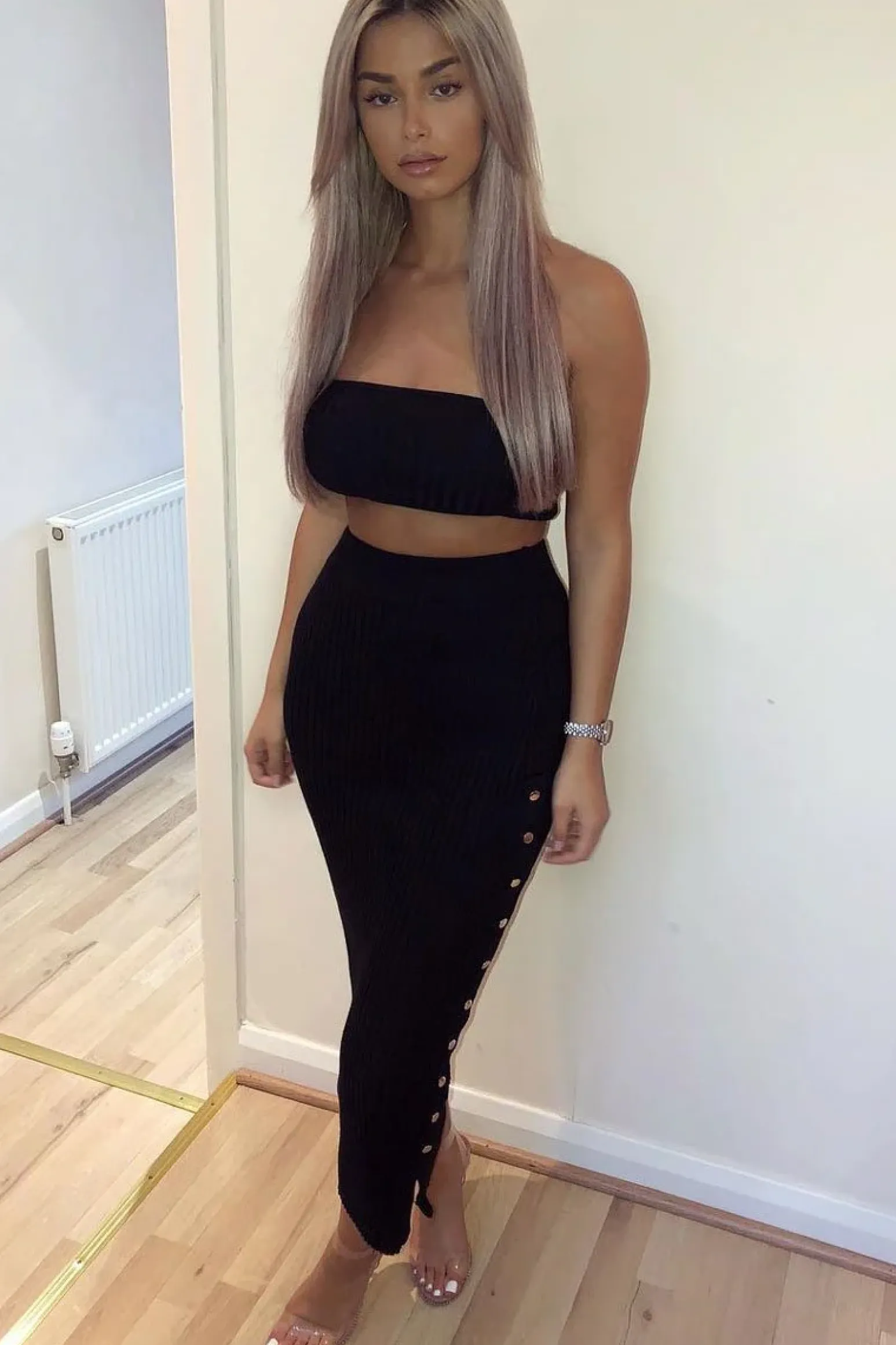 Rebellious Fashion Black Knitted Bandeau And Skirt Co-Ord - Sidra