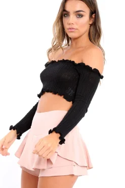 Rebellious Fashion Black Knitted Bardot Frill Crop Top - Kesia