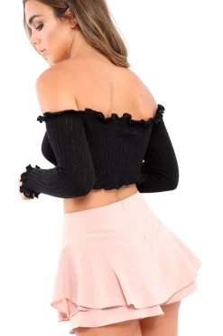 Rebellious Fashion Black Knitted Bardot Frill Crop Top - Kesia