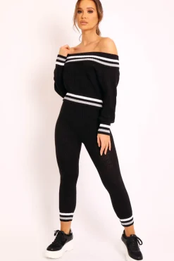 Rebellious Fashion Black Knitted Bardot Jumper Legging Loungewear Co-ord - Neala