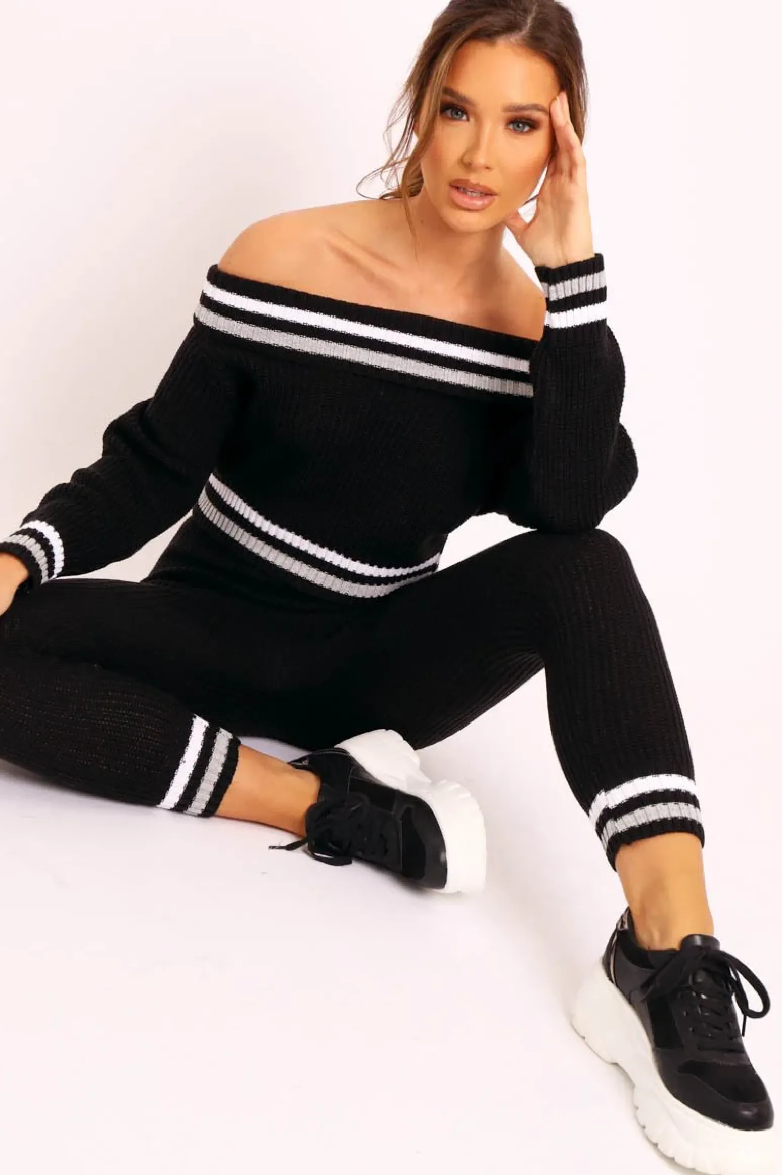 Rebellious Fashion Black Knitted Bardot Jumper Legging Loungewear Co-ord - Neala