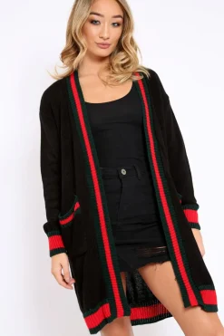 Rebellious Fashion Black knitted Cardigan with Striped Trim - Ivy