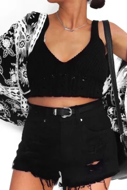 Rebellious Fashion Black Knitted Cross Back Crop Top - Charis