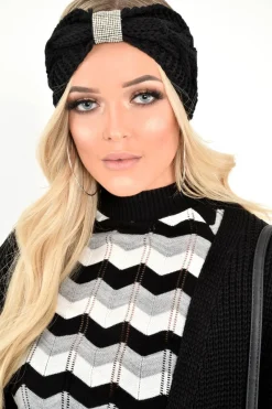 Rebellious Fashion Black Knitted Diamante Detail Headband - Saachi
