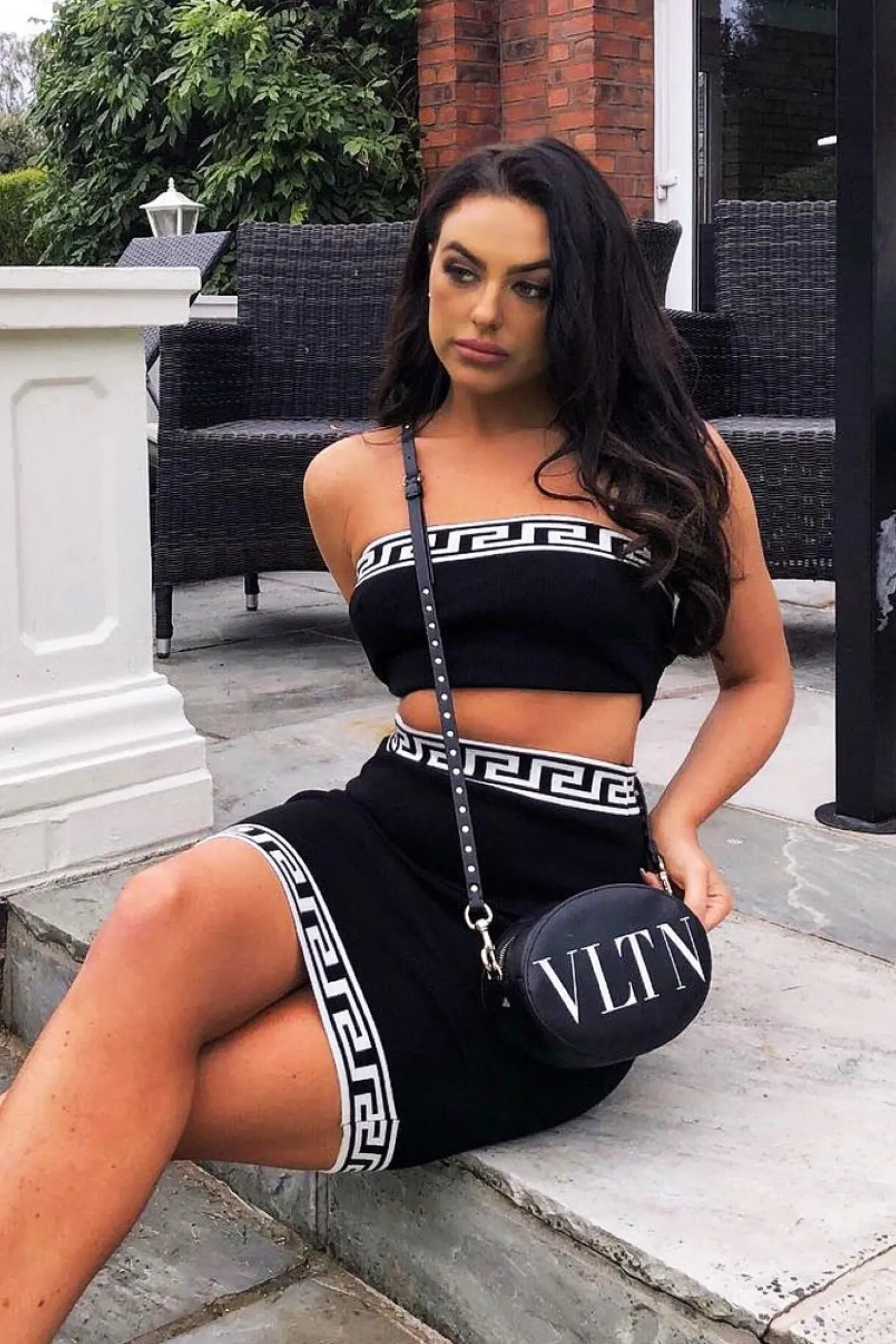 Rebellious Fashion Black Knitted Greek Trim Bandeau Skirt Co-Ord - Caeli
