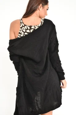 Rebellious Fashion Black Knitted Longline Bobble Cardigan - Annette