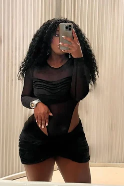 Rebellious Fashion Black Knitted Mesh Bodysuit & Wrap Mini Skirt Set - Hailey