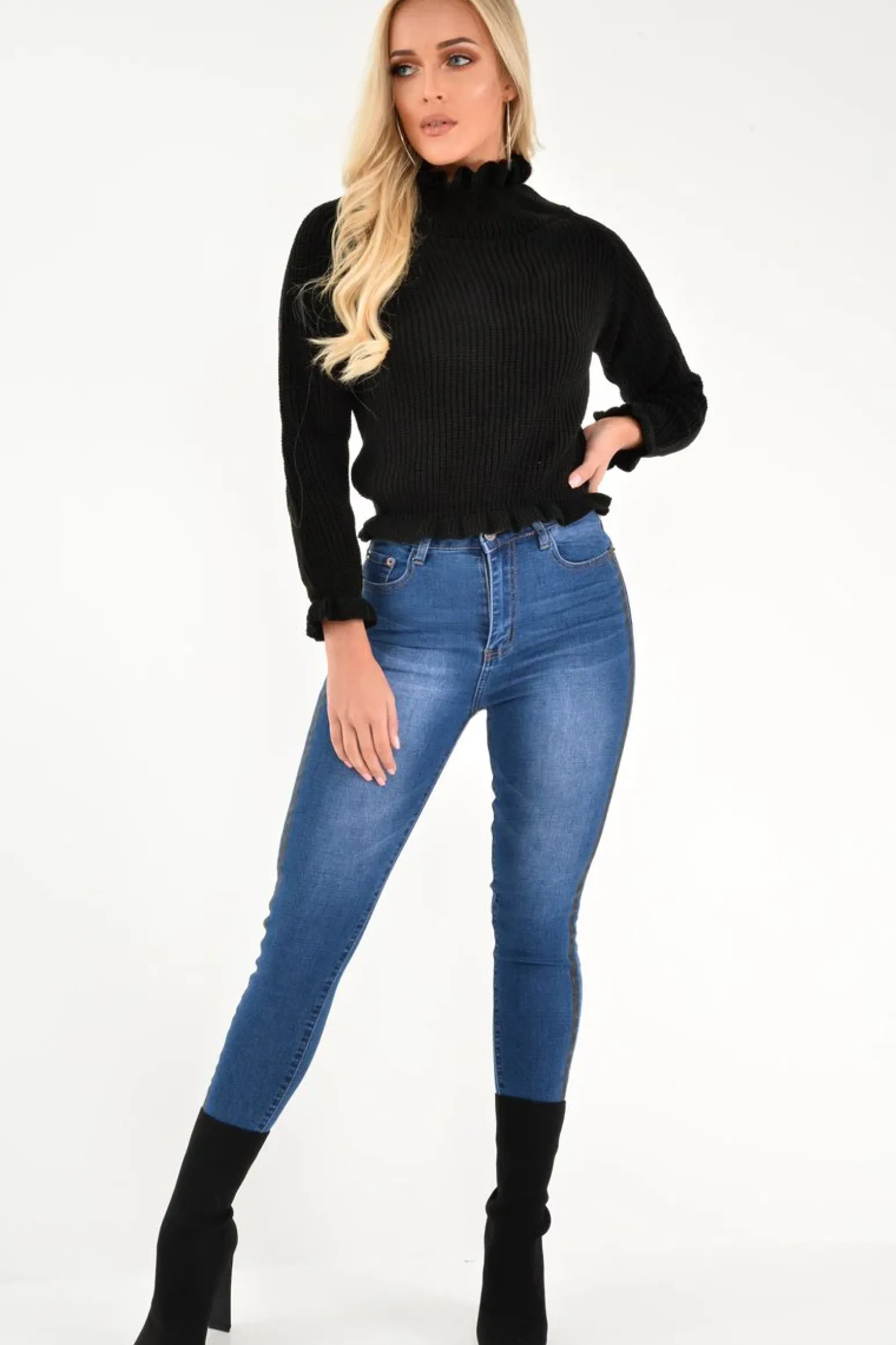 Rebellious Fashion Black Knitted Ruffle Jumper with Elasticated hems - Eve