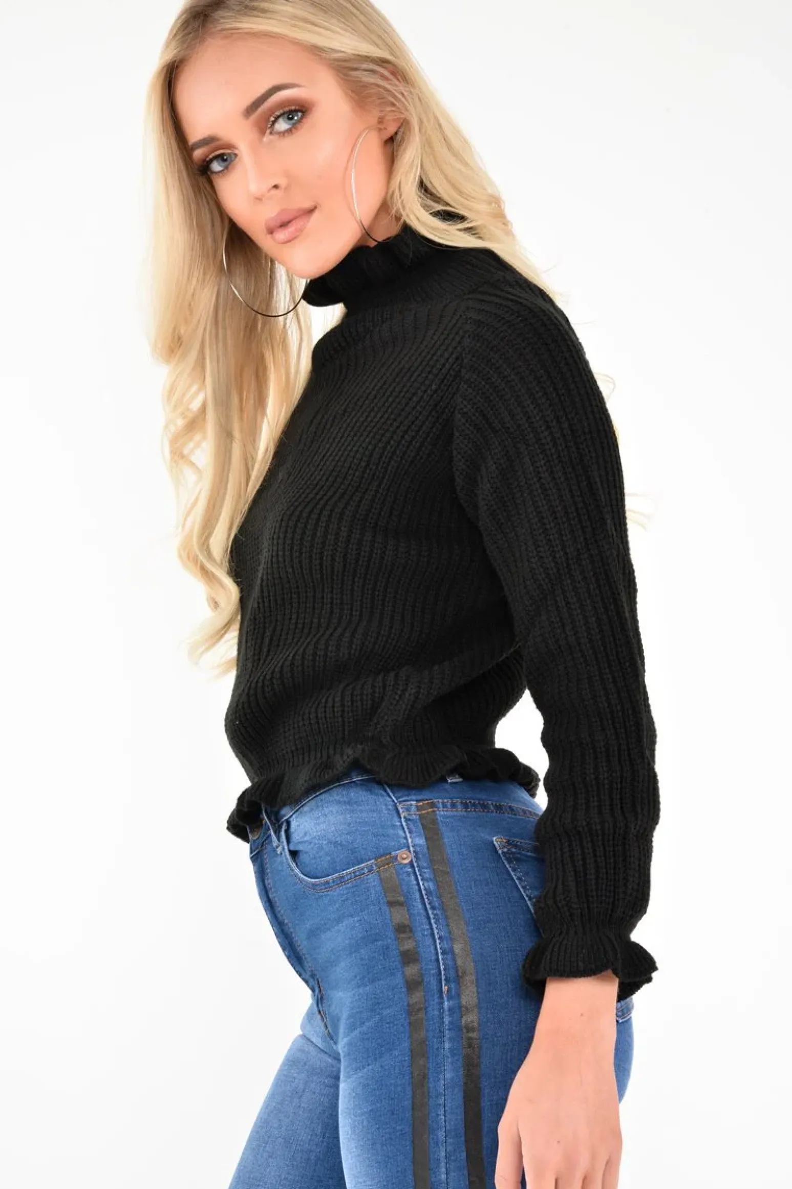Rebellious Fashion Black Knitted Ruffle Jumper with Elasticated hems - Eve