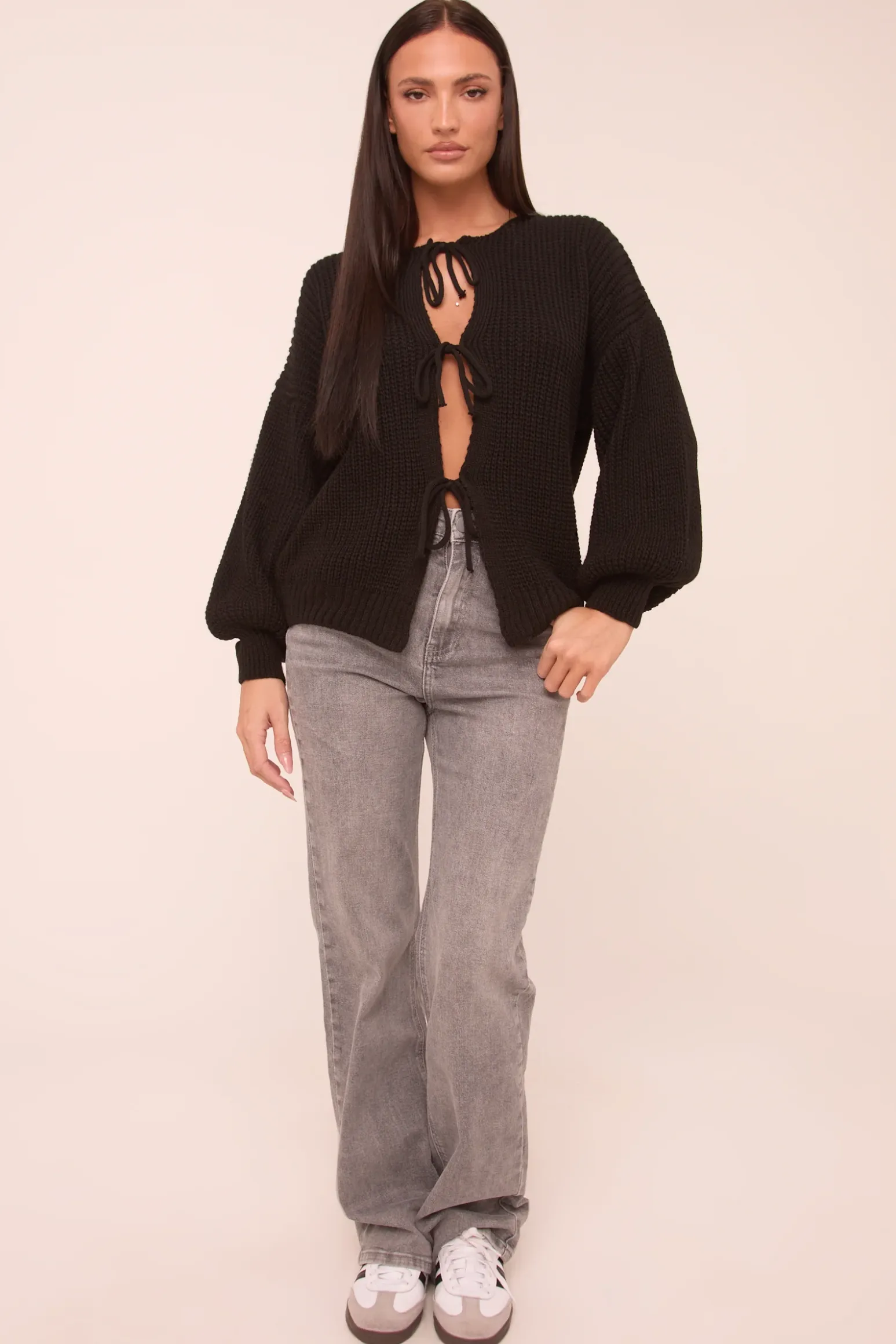 Rebellious Fashion Black Knit Tie Front Detail Long Sleeves Cardigan - Ava