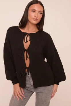 Rebellious Fashion Black Knit Tie Front Detail Long Sleeves Cardigan - Ava
