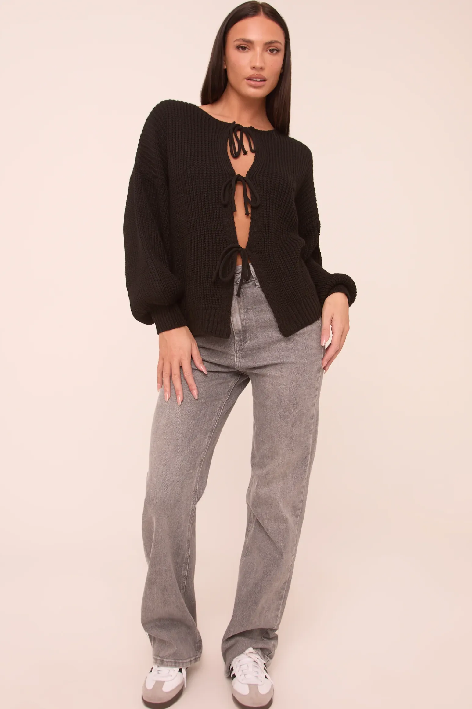 Rebellious Fashion Black Knit Tie Front Detail Long Sleeves Cardigan - Ava