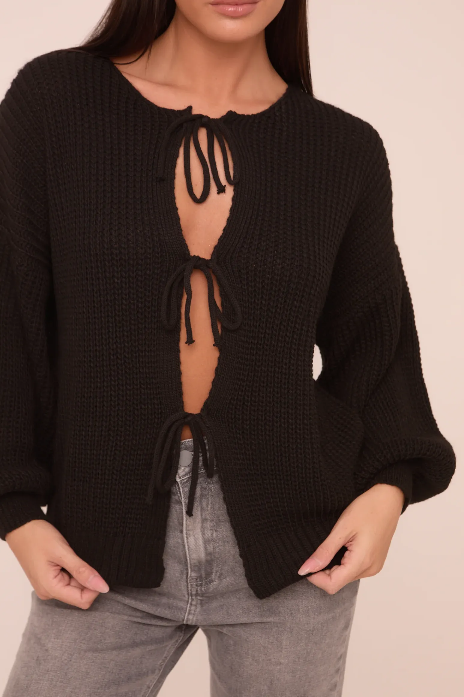 Rebellious Fashion Black Knit Tie Front Detail Long Sleeves Cardigan - Ava