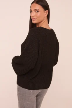 Rebellious Fashion Black Knit Tie Front Detail Long Sleeves Cardigan - Ava