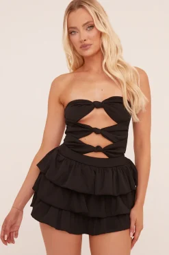 Rebellious Fashion Black Knot Detail Bodysuit & Tiered Mini Skort Co-ord Set - Abigail
