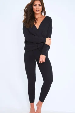 Rebellious Fashion Black Knot Front Knit Loungewear Set - Lorelei