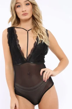 Rebellious Fashion Black Lace and Sheer Harness Bodysuit - Ruby
