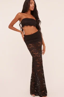 Rebellious Fashion Black Lace Bandeau Cropped Top & Maxi Skirt Co-ord Set - Nian