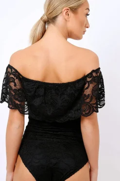 Rebellious Fashion Black Lace Bardot Bodysuit - Rae