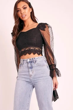 Rebellious Fashion Black Lace Body Polka Mesh Sleeve Crop Top - Linsey